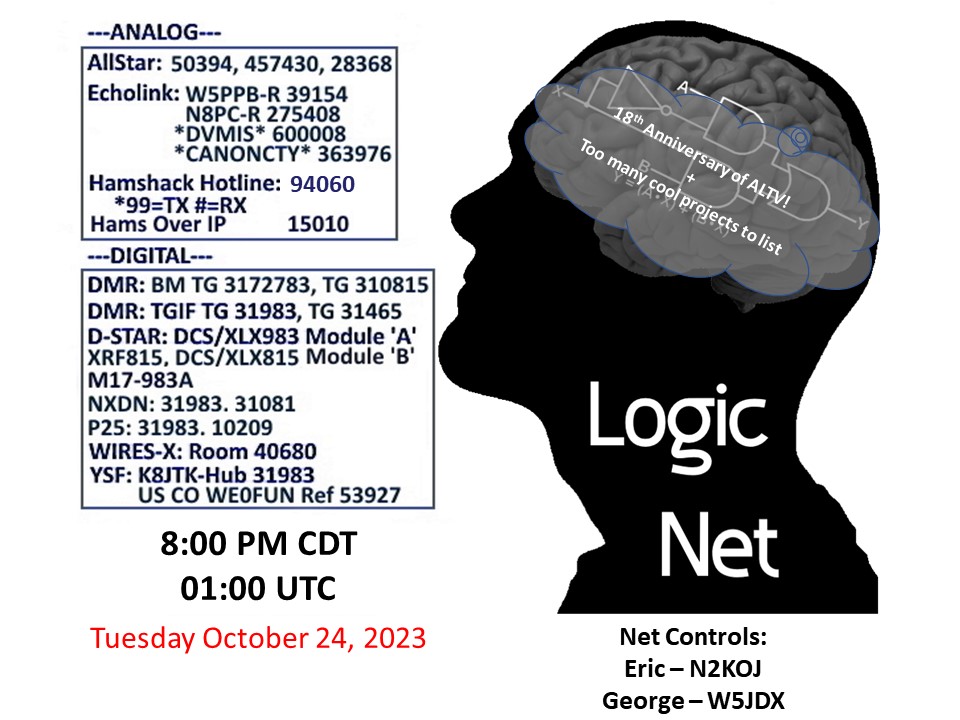 Tom_WA2IVD's tweet photo. @amateurlogic Join us for the LogicNet this Tuesday, October 24th at 8PM Central, 0100 UTC.  Eric-N2KOJ and George-W5JDX will be at the helm. https://t.co/VJQJgyeAew
