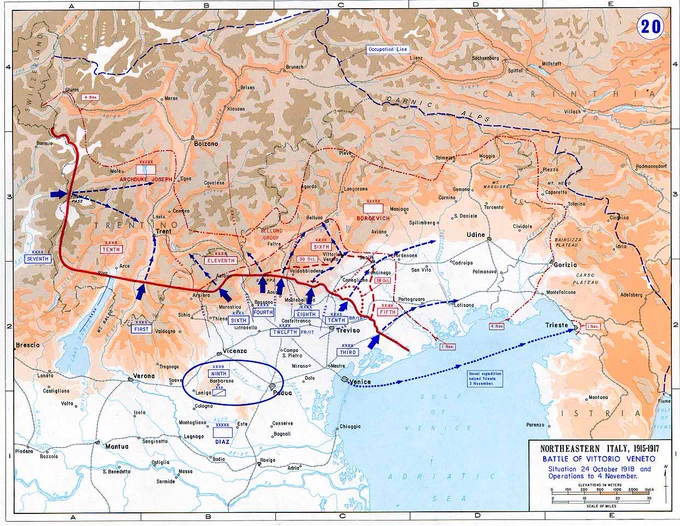 1918年10月23日〜11月3日 ヴィットリオ・ヴェネトの戦い  既に末期状態だったオーストリア=ハンガリー帝国軍はイタリア軍の大攻勢を受けて厭戦感情が爆発。最終的に捕虜50万人を出す大敗を喫して事実上崩壊した。 この戦いの後にオーストリア=ハンガリーは連合国軍に降伏し戦争から脱落した。