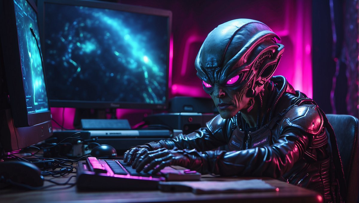 Hugofloresf's tweet photo. Done for the day 👾
Time to recharge energies and dream big 
Good night dear oneironauts 💪⚡️🙌🌙💤👨‍🚀.
#alien #symthwave #synthwavecore #lightningwave #biopunk #leonardoai @leonardoai  #magenta #ai