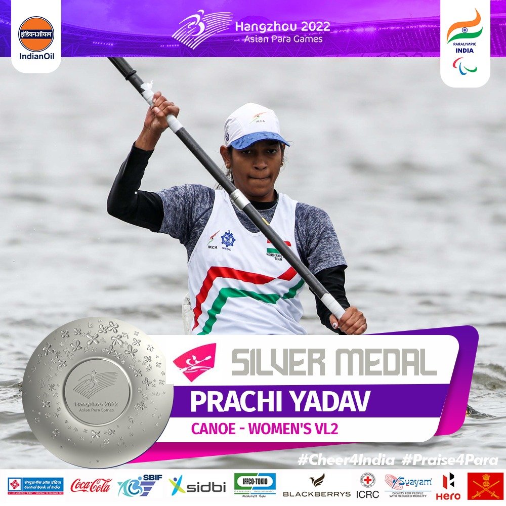 ANI's tweet image. Asian Para Games | Prachi Yadav wins silver in canoeing in the Women&apos;s VL2 category, opening India&apos;s medal tally at the 4th Asian Para Games.