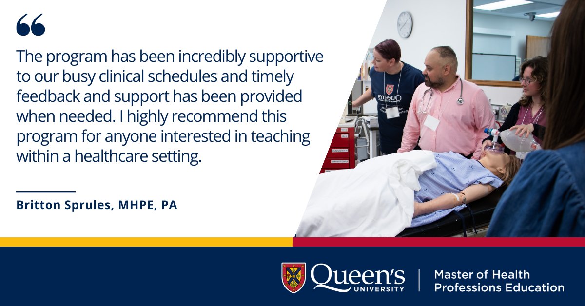The <a href="/QueensUHealth/">Queen's Health Sciences</a> Master of Health Professions Education program is for all health professions! Applications for the Fall 2024 cohort are due April 1, with preference given to those received by March 1. Learn more ➡️healthsci.queensu.ca/healthed-progr…