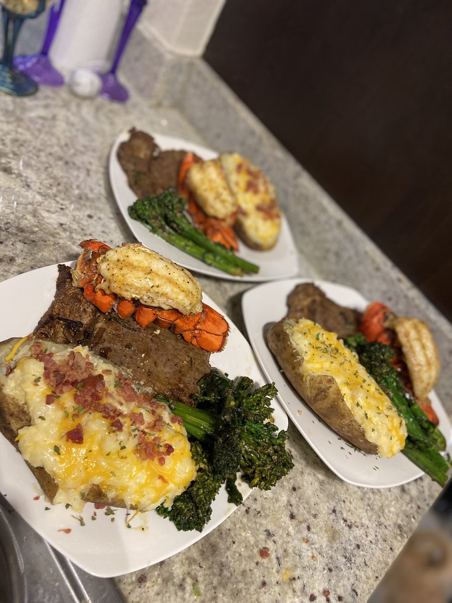 Sundays Dinner- Steak LobsterTail Broccolini Loaded Potatoe😋