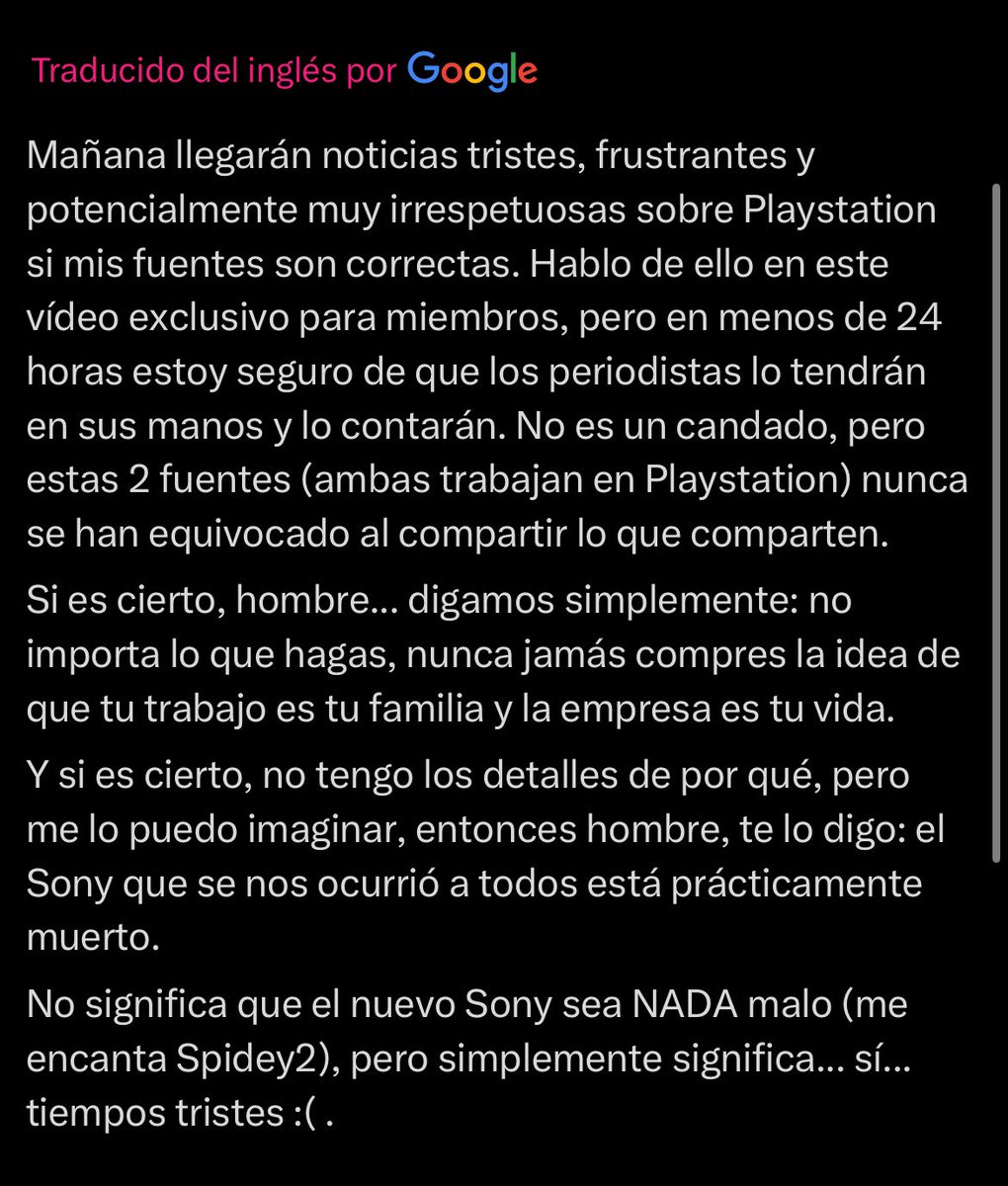 ‼️ULTIMA HORA‼️

David Jaffe, creador de God of War menciona que 2 fuentes que trabajan dentro de PlayStation le han dado NOTICIAS DEMASIADO MALAS Y TRISTES sobre PlayStation que mañana estará en todos los medios. Dice que la Sony Playstation que todos conocemos está