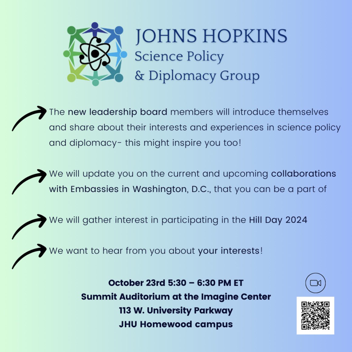 📣 Our General Body Meeting will be held on Monday, Oct 23rd 5:30-6:30PM ET. Light refreshments will be provided!
📍Summit Auditorium at Imagine Center (Homewood Campus) or Zoom (register here jhubluejays.zoom.us/meeting/regist…)