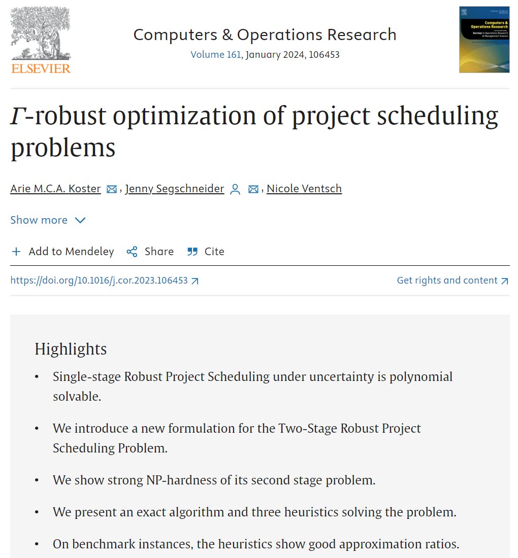Our paper on robust project scheduling is now online (and freely available until beginning of december): authors.elsevier.com/c/1hypK15N8SNB… It all started with a master's thesis of Nicole Ventsch, perfectionized by PhD student Jenny Segschneider.
