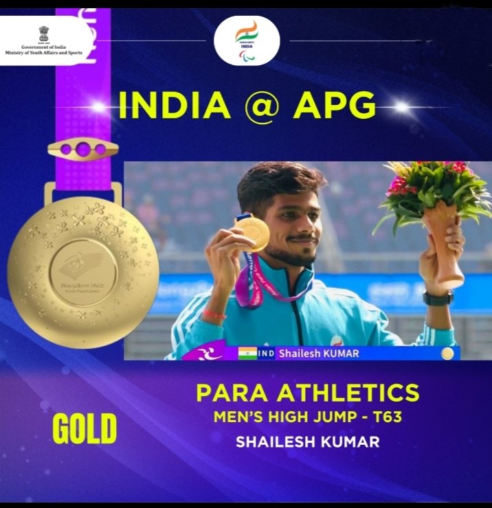 VenkateshOffi's tweet image. India&apos;s medal hunt begins at the #ParaAsianGames 
Heartily Congratulation to Athlete #SaileshKumar soared to gold 🥇in the men&apos;s high jump T63 event of the #AsianParaGames with record jump of 1.82m
A huge round of applause to our champion you&apos;ve made us all proud 🦚
#Cheer4india