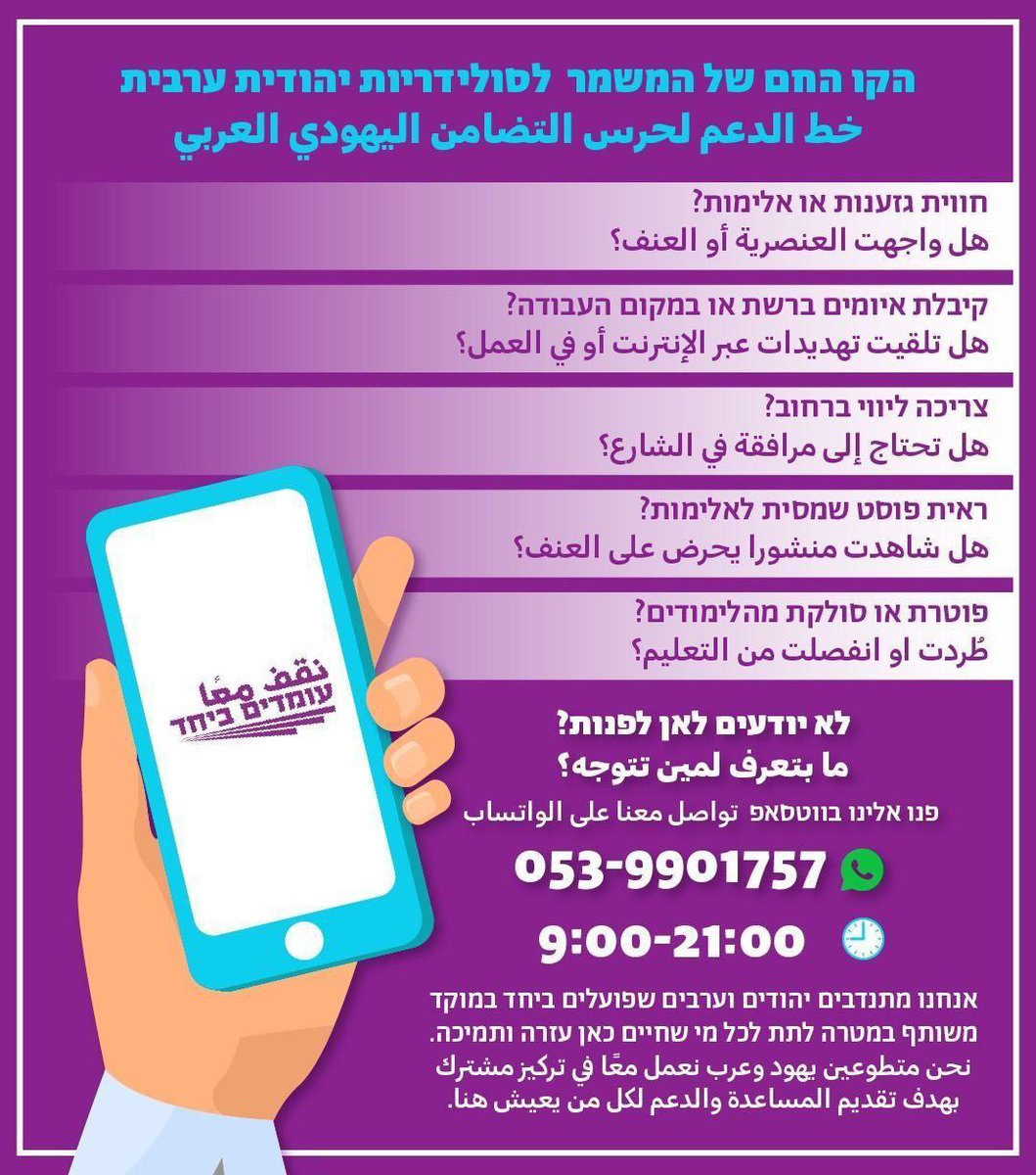 1 / אנחנו עוברים ימים מורכבים וקשים מאד. הרבה רעל ושנאה נשפכים ברחובות וברשתות החברתיות. ודווקא בימים כאלה אנחנו רוצים להציע תקווה - תקווה לסולידריות יהודית-ערבית, תקווה לחברה שבה כל הקהילות שוות וערבות זו לזו.