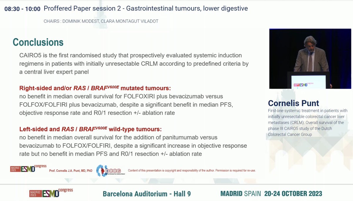 #ESMO23 #crcsm
📣LBA27 CAIRO5 🇳🇱
ph3 in unresectable CRLM 
📌arm A/B: bev+triplet v doublet in R-sided and/or RAS/BRAFmut
⛔️PFS better (HR0.76),  higher ORR &amp; RO rate but no OS benefit
➡️ no benefit with triplets

📌 bev+doublet v pani+doublet in L-sided and RAS/BRAF wt
⛔️ no PFS