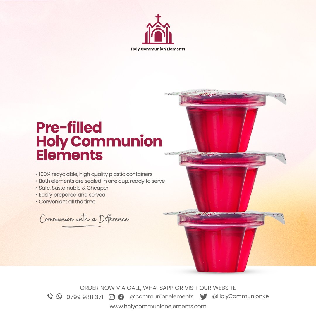 HolyCommunionKe's tweet photo. Communion with a difference.
Now you can have more time for communion celebration, our prefilled communion elements come ready to serve with both elements sealed in one cup, 100% fresh and easy to use.

Order now 0799988371 or visit our website https://t.co/aO1MOLz4Fu https://t.co/D5aC7AydPi