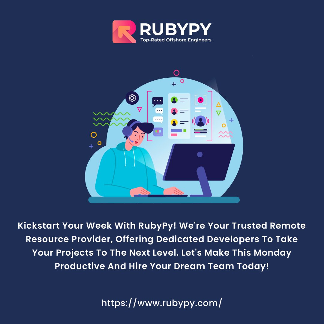 Rubypy_2020's tweet image. Elevate your Monday game with RubyPy! 🚀 We&apos;re here to be your dedicated development partner, powering your projects to new heights. Get started today and turn those dreams into code.

#RubyPy #RemoteDevelopment #DreamTeam