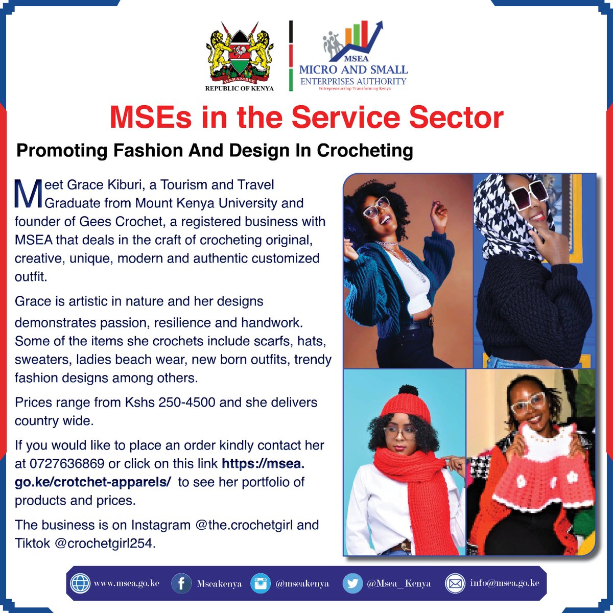 MSEA_Kenya's tweet image. MSEs in the Service Sector 

#crocheting
#ServiceSector #EmpoweringMSEs

@CsChelugui
@HonSusanMangen1
@Cooperatives_KE
@JamesMureu
@HRithaa