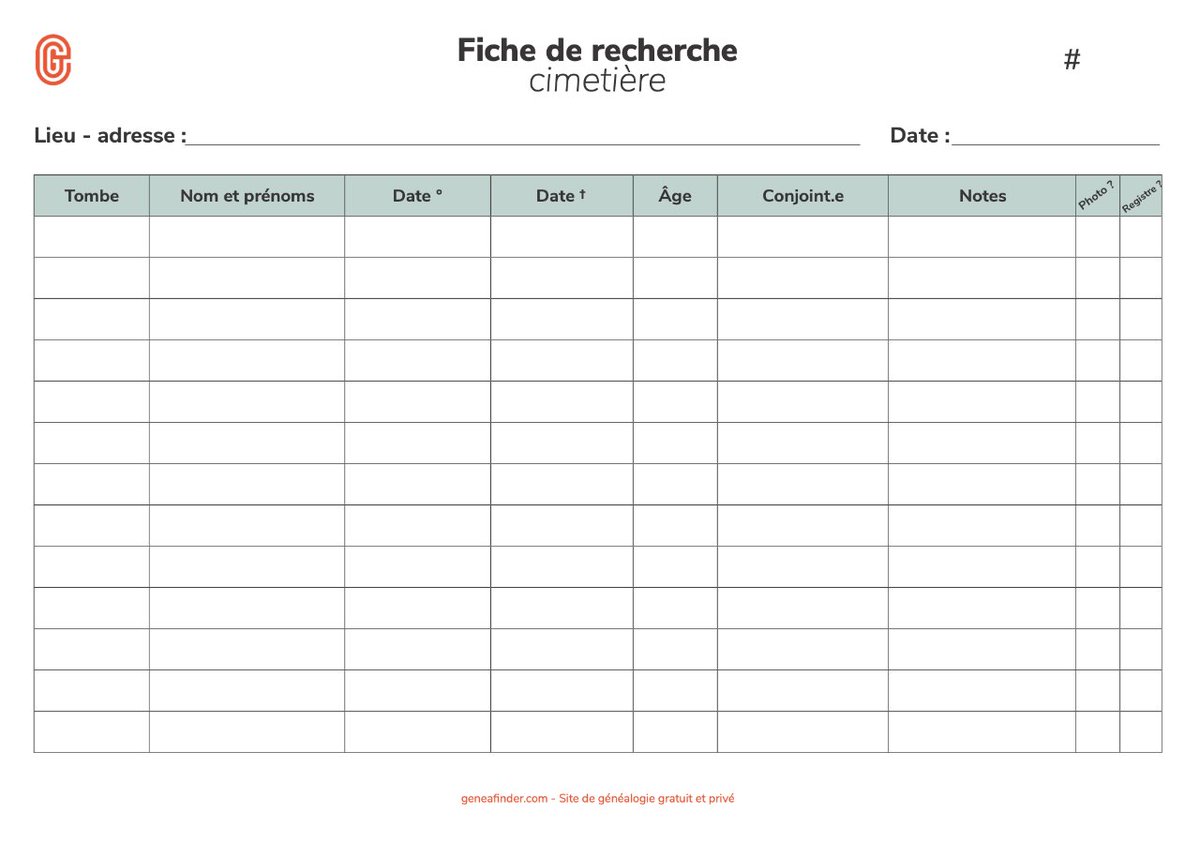💡 Bonne idée généalogie 

Connaissez-vous notre Fiche de recherche dédiée à vos visites de cimetières ? Elle est très utile pour ne louper aucune info, et surtout, elle est disponible gratuitement en téléchargement 👇
geneafinder.com/doc/printable/…