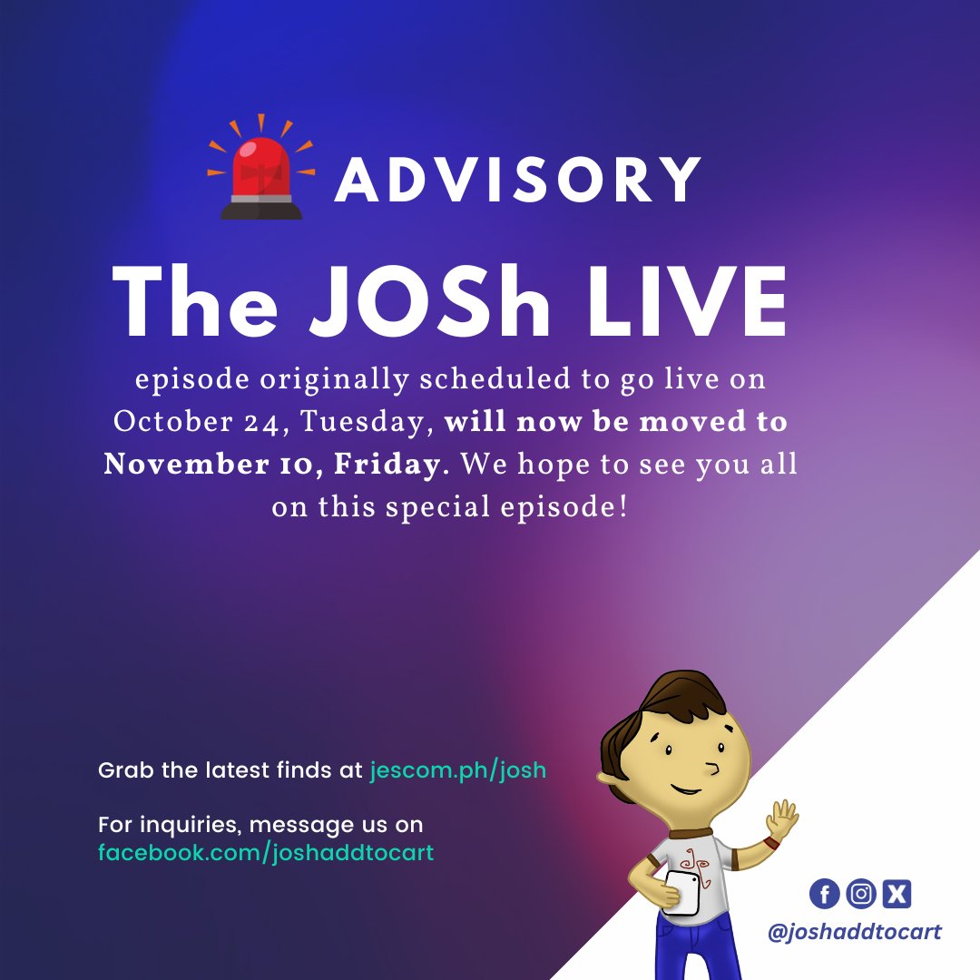 joshaddtocart's tweet photo. ๐จ ๐๐๐ฉ๐๐ฆ๐ข๐ฅ๐ฌ ๐จ
Eyes here, makaJOSh! We would like to inform you that the supposed JOSh Live episode for tomorrow, October 24, ๐๐ถ๐น๐น ๐ป๐ผ๐ ๐ฏ๐ฒ ๐บ๐ผ๐๐ฒ๐ฑ ๐๐ผ ๐ก๐ผ๐๐ฒ๐บ๐ฏ๐ฒ๐ฟ ๐ญ๐ฌ, ๐๐ฟ๐ถ๐ฑ๐ฎ๐. We hope to see you all on this special episode!
#Advisory #JOShLive https://t.co/mLdhDFrtNJ