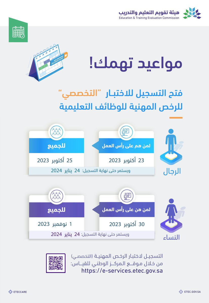 AmalQhtani's tweet photo. هام :
يبدأ اليوم - الاثنين التسجيل في اختبار #الرخصة_المهنية التخصصية لمن هم على رأس العمل وللراغبين بـ #الوظايف_التعليميه - ويستمر حتى ١ نوفمبر.
رابط التقديم :
https://t.co/Eku3HMHAMA

والتواريخ حسب الصورة، بالتوفيق لكم أحبائي https://t.co/g8aG7TK5os