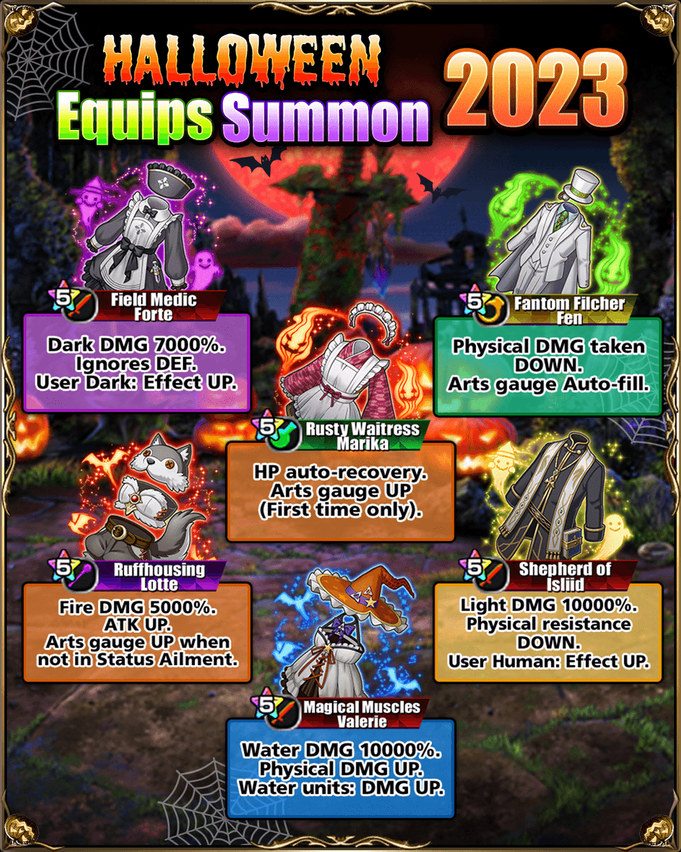GRDSMN_GLOBAL's tweet photo. The Halloween Equip Summon is here for a limited time! 🎃  

It includes a new collection of seasonal Equips, including Rusty Waitress Marika, which has the unique effect of an Arts gauge boost on top of HP Recovery! 

Summon period: until 11/1, 18:59 PDT https://t.co/VHq0B0polq