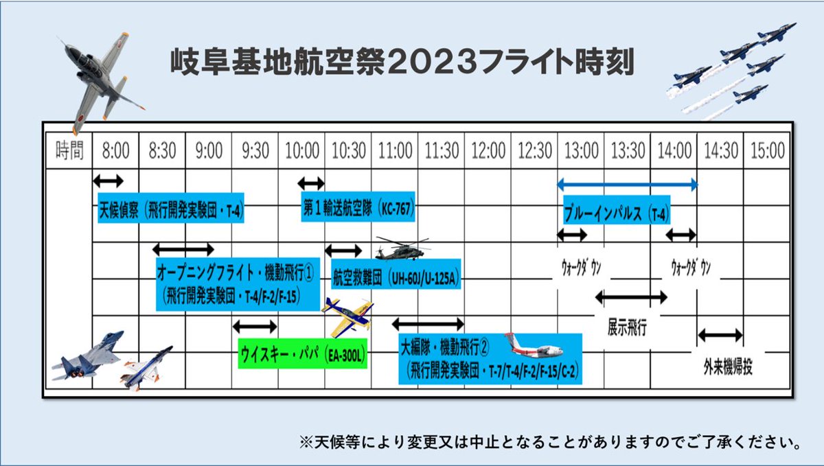 JASDF_GIFUAB's tweet photo. 🌈岐阜基地航空祭２０２３🌈

フライト情報解禁です��！
ブルーインパルス（Ｔ－４）の展示飛行は、１３：００～となります。
※天候等により変更又は中止となることがありますのでご了承ください。

#航空自衛隊
#岐阜基地
#岐阜基地航空祭２０２３ https://t.co/giFGDkMNm1