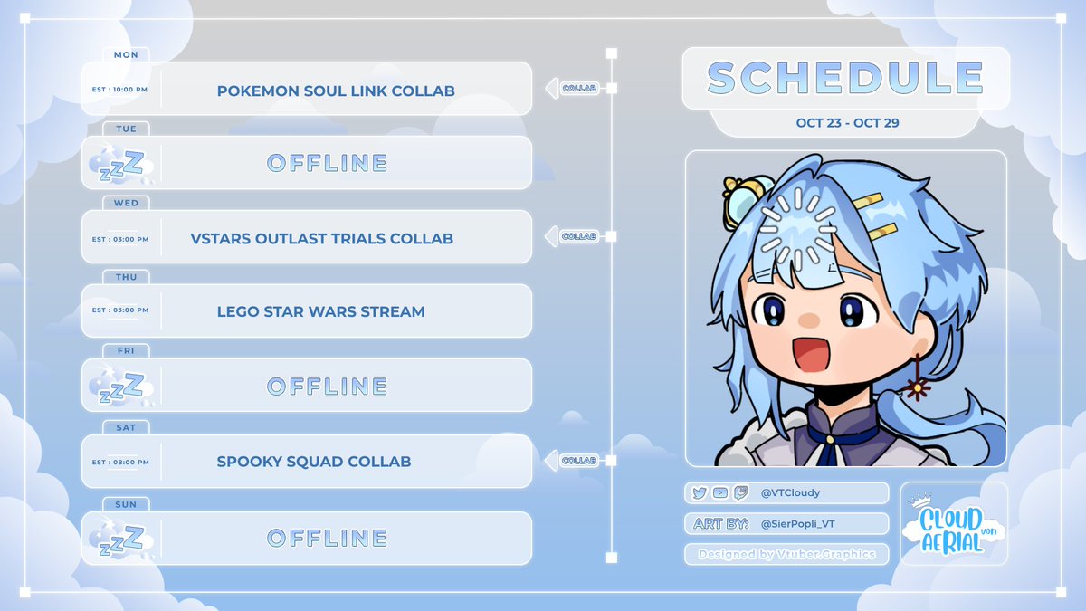 ShiunVT's tweet photo. CLOUD'S SCHEDULE FOR THE WEEK OF...
β¨10/23 - 10/29 β¨
FOR GENERAL: #CloudVonAerial
FOR ART: #CloudIllust
FOR CLIPS: #CloudyClips https://t.co/o7DxVHkDZp