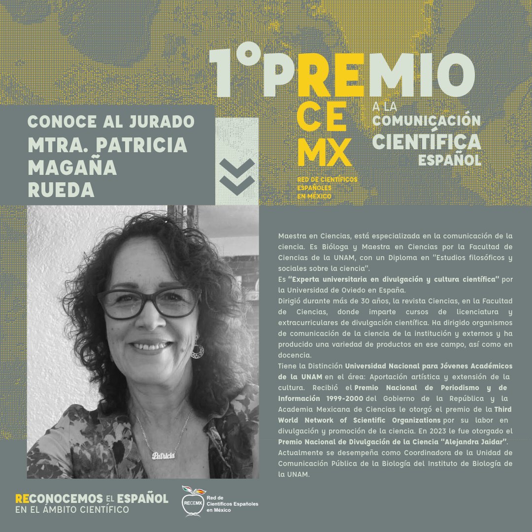 CONOCE AL JURADO: 👩‍🔬🔬🌟Patricia Magaña Rueda, con más de 30 años en comunicación científica y destacados premios, su experiencia es invaluable. Coordinadora de Comunicación Pública en el Instituto de Biología UNAM, su pasión por la ciencia inspira.