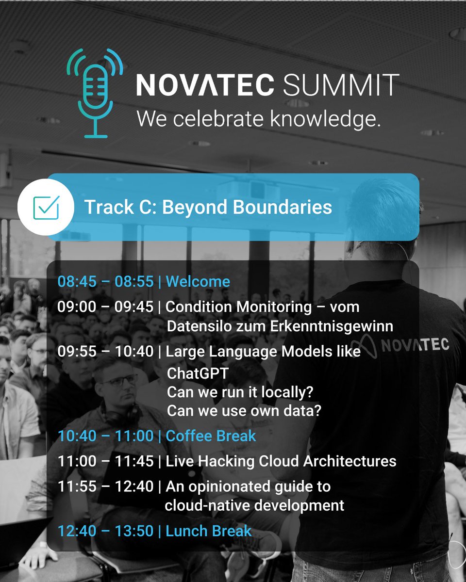novatecgmbh's tweet photo. Celebrate knowledge with us on November 9th, 2023. 🎉 

Learn all about #Monitoring, #Security and #CloudAdvancements.

Join us at Novatec Summit: https://t.co/5z8toTVeYr

#NovatecSummit #ITConference #WeShareKnowledge #TechnologyTrends https://t.co/NTa7Yr96Rk