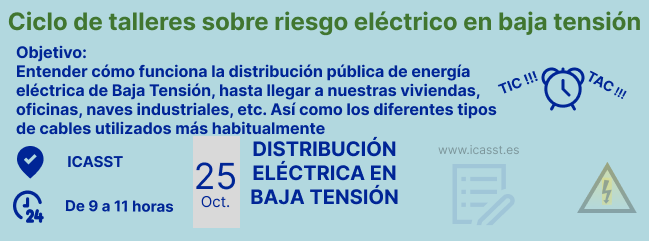 No te olvides de incribirte en nuestro próximo taller divulgativo #riesgoelectrico en baja tensión. "Distribución eléctrica en baja tensión"  !!!!Quedan 2 días!!!!!