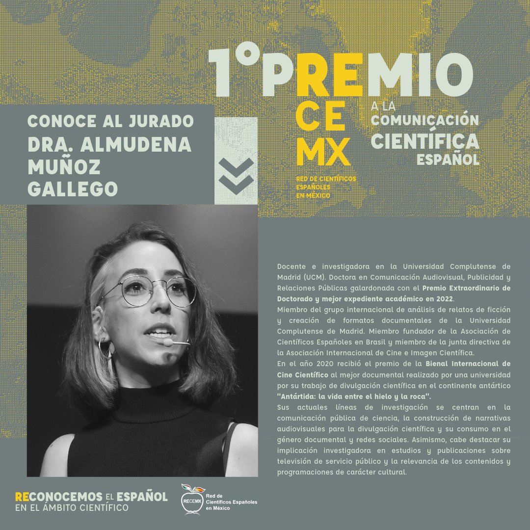CONOCE AL JURADO: 👩‍🔬📹🌟Almudena Muñoz Gallego, destacada investigadora y docente. Su contribución en la comunicación científica y creación de documentales es invaluable. Agradecemos su colaboración en la promoción de la ciencia.
<a href="/FundacionAreces/">FundaciónRamónAreces</a>
