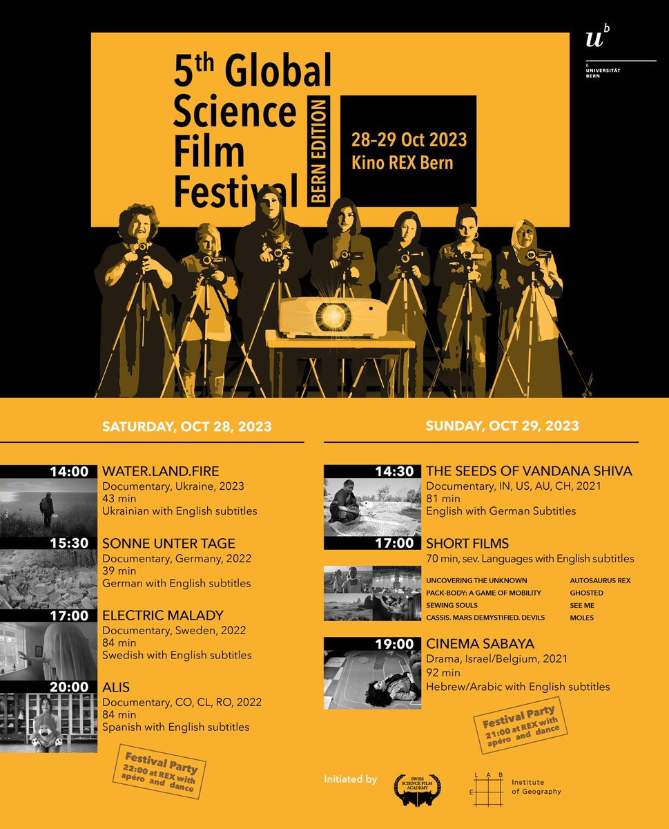 World politics and science meet on the big screen in Bern 28-29th October. 📽️🎞️ Kino Rex
In collaboration with the <a href="/GlobalScienceFF/">Swiss Science Film Academy</a>, the mLAB presents the 5th Global Science Film Festival. 🎓🎥

Screenings and discussions with filmmakers and experts
+info: mlab.unibe.ch/5gssf-bern/