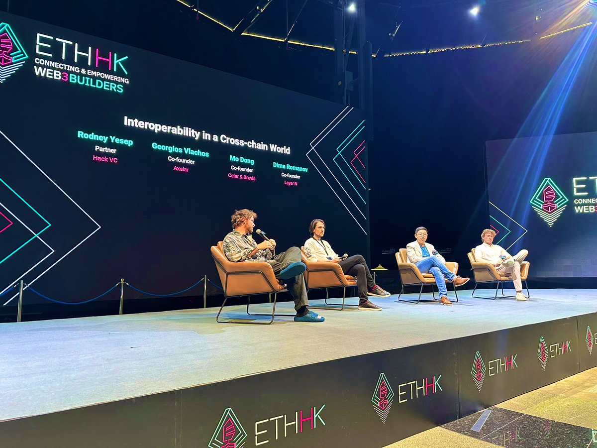 Here at <a href="/EthereumHK/">ETH Hong Kong</a>, going up on stage in 30 min moderating a fireside chat with <a href="/ilblackdragon/">Illia (root.near) (🇺🇦, ⋈)</a>! Happy to see friends in the interoperability panel <a href="/yorgosv_/">Georgios Vlachos🇬🇷</a> <a href="/axelarnetwork/">Formerly Axelar, now at @axelar</a> <a href="/no89thkey/">michael</a> <a href="/CelerNetwork/">CelerNetwork</a> <a href="/LayerN_Official/">N</a> 🔥