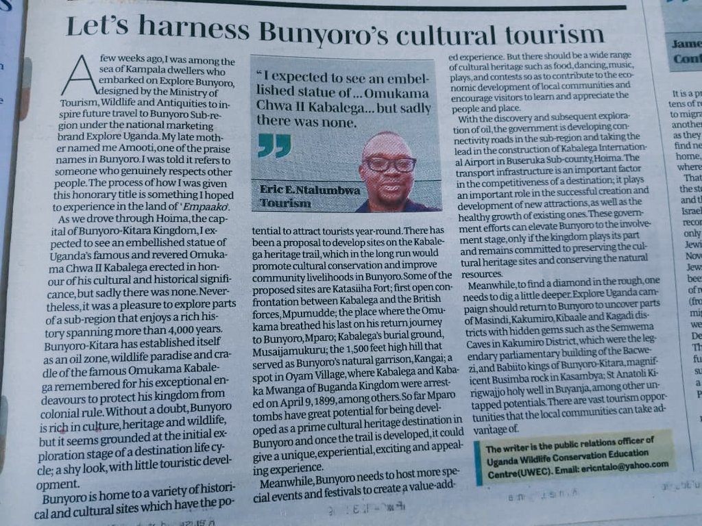 Cultural tourism is a major unexploited treasure of Bunyoro. Today's Daily Monitor |Monday 23rd, Oct. 2023