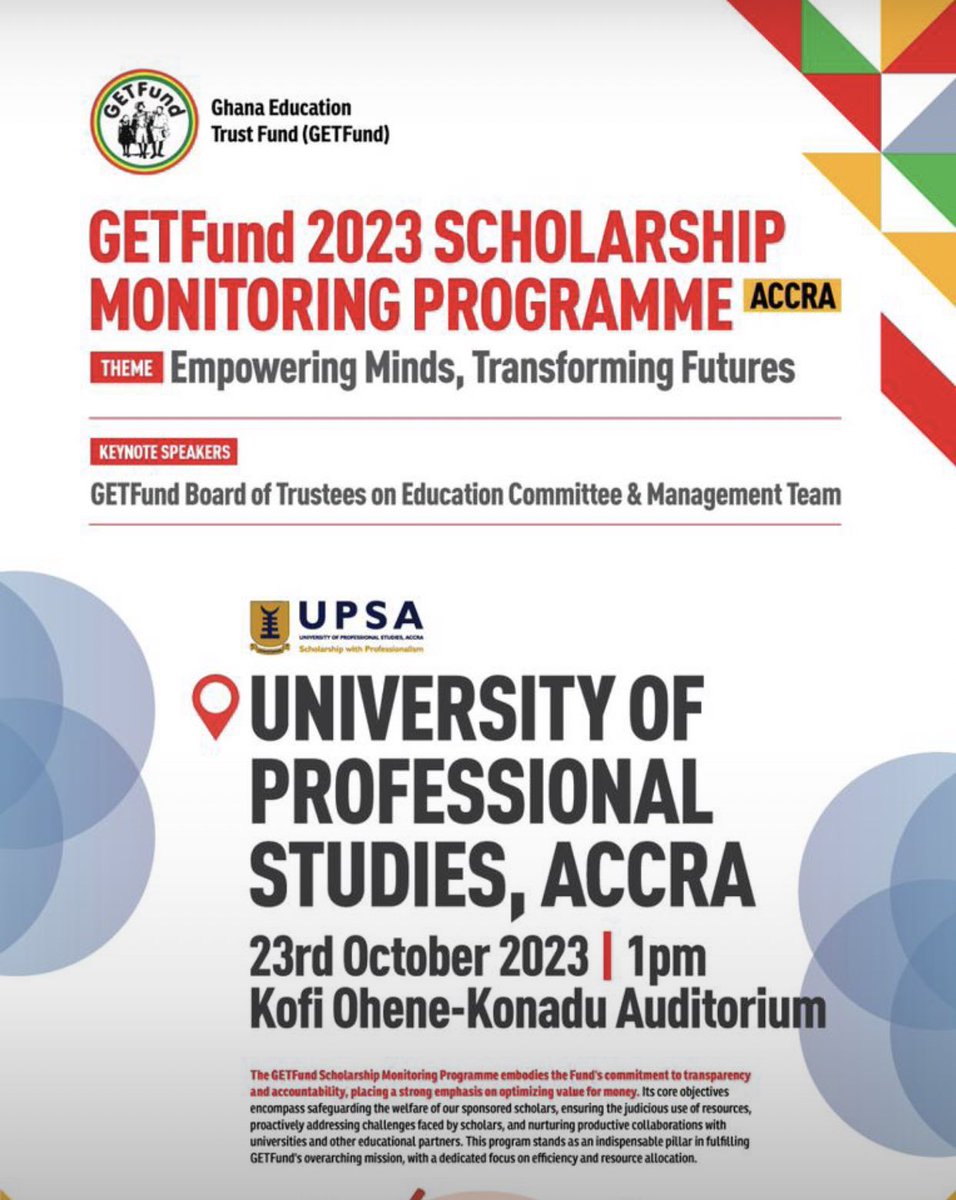 Join the 2023 GETFund Scholarship monitoring programme to boost your chances of getting scholarship. #UPSA #WeLoveUPSA #VoiceOfUPSA