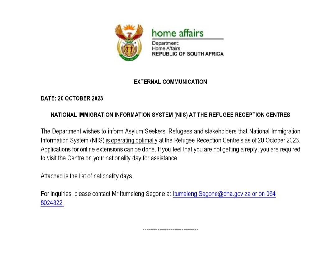 Dates for visiting the  Refugee Reception Offices (RROs) in all provinces for asylum seekers according to your Nationality - from Home Affairs

We are glad that the RROs are now operating optimally. 

🙏 <a href="/SADHomeAffairs/">Department of Home Affairs</a>