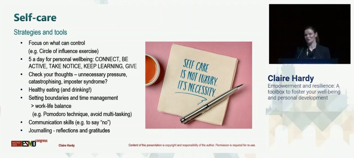 Self-care is so, so important. The best outcomes always start with looking after yourself. Brilliantly presented by Claire Hardy #ESMO23 #ESMOYOC