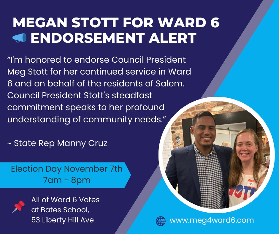 meg4ward6's tweet photo. I so appreciate the endorsement from State Representative @MannyCruz_MA  and Co-Chair of the Salem School Committee. Last day to register to vote in the upcoming election is October 27th!
Thank you, Rep Cruz! https://t.co/Hedfw0P7pd