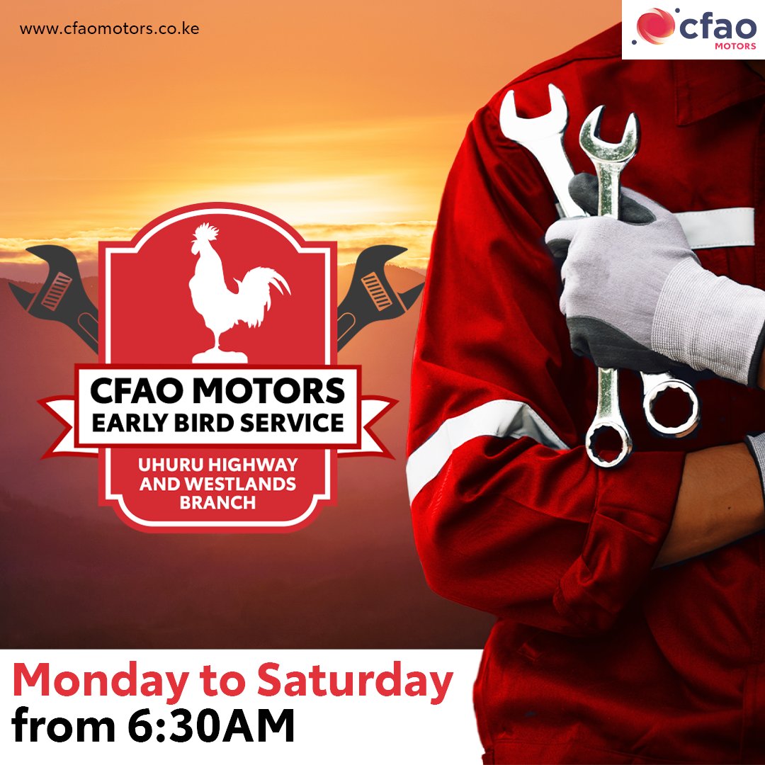 ToyotaCFAOKE's tweet photo. Need an early start? Our Early Bird Service is available at Uhuru Highway branch and Westlands Branch from 6:30AM, Monday to Saturday. Drive right in or call 0800 723 222 to book #EarlyBirdService #CFAOMotorsDrivesKenya https://t.co/7gYbLPcf0w