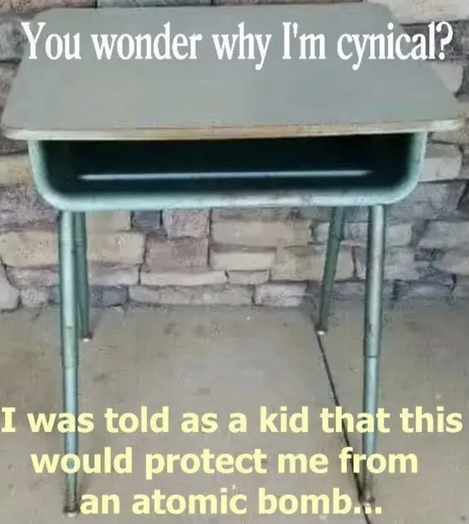 Godfatherparte2's tweet photo. You haven’t lived unless you knew the term “Duck and Cover” and were convinced an Atomic bomb 💣 was on its way to your school! https://t.co/B9DC6HXJCy