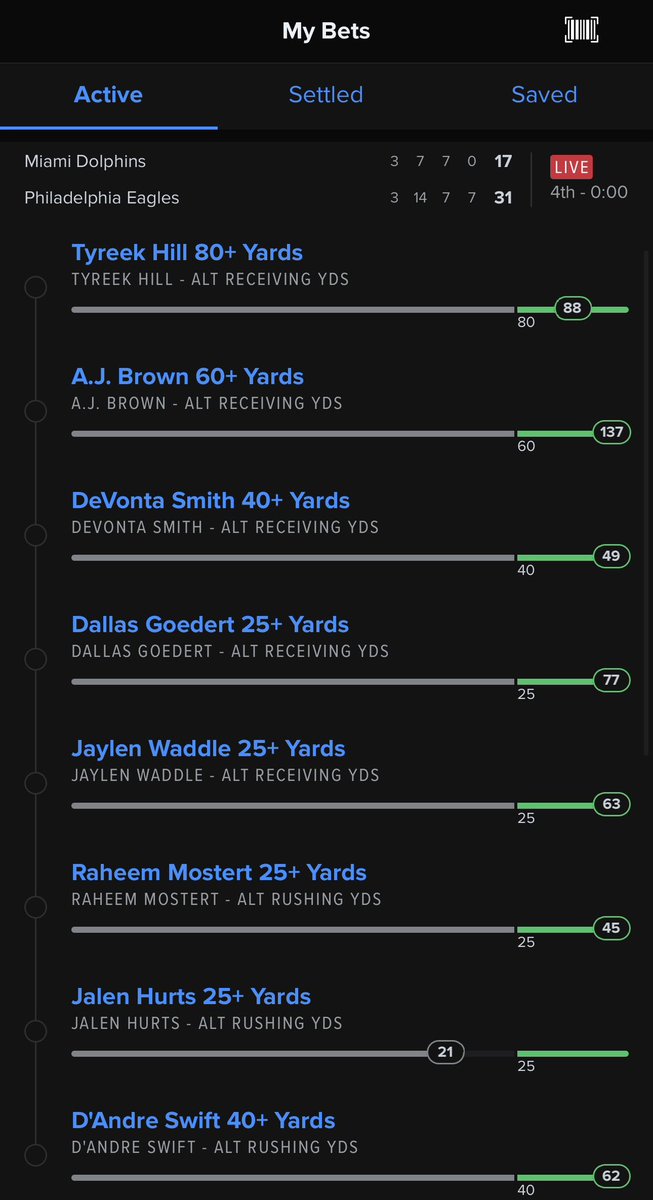 Kyle_Saffle3's tweet photo. This +2000 ticket was cashed 8/8 with 8 minutes left in the fourth until Philadelphia decided to kneel the ball to end the game taking away 4 Jalen Hurts rushing yards🥲 https://t.co/gcovDtxbOS
