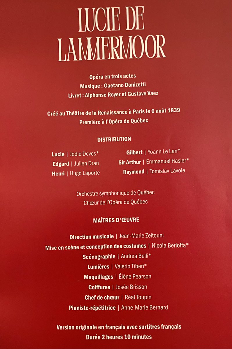 Rare représentation en langue 🇫🇷 de L’opéra de #Donizetti Lucie de Lammermoor. Grâce à une coproduction @GrandTheatreQc avec @OperadeTours. @JodieDevos étincelante!