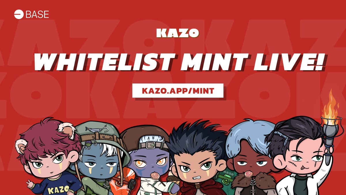 The KAZO NFT Whitelist Mint is now LIVE on @BuildOnBase ! 

If you are one of the lucky few to get whitelisted, head to the KAZO mint site to get your KAZO today 🔥

Public Mint begins at 4PM UTC.

kazo.app/mint
#BuildOnBase #NFT