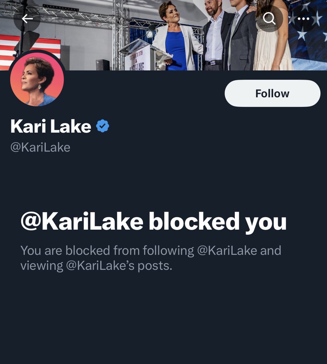 RubyRatAZ's tweet photo. Blocked by @KariLake , that’s why she will never be senator! https://t.co/9SXB43K8Dc