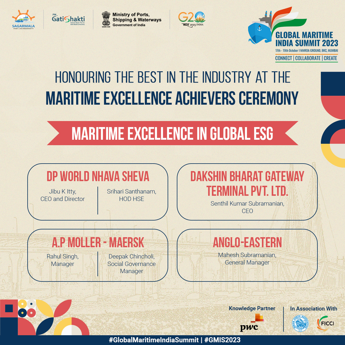 #MaritimeExcellenceAchievers Shine Bright!

Here are the winners for the following categories

🔱 Shipping - Promoting Multimodality
🔱 Maritime Service Provider
🔱 Ship Building and Repair
🔱 Maritime Excellence in Global ESG

#GlobalMaritimeIndiaSummit #GMIS2023