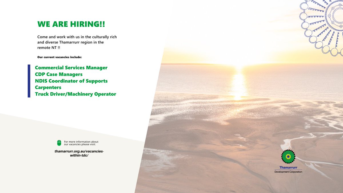 Come and work with us in the culturally rich and diverse Thamarrurr region!

For more information about our vacancies please visit: thamarrurr.org.au/vacancies-with…

#ThamarrurrDC