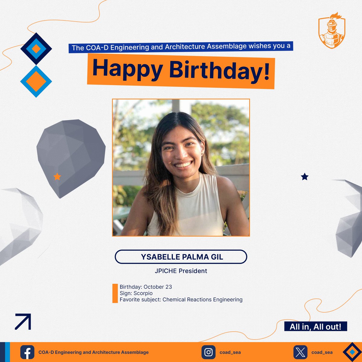 COAD_SEA's tweet photo. 𝗛𝗮𝗽𝗽𝘆 𝗕𝗶𝗿𝘁𝗵𝗱𝗮𝘆, 𝗬𝘀𝗮! 🎊

The COA-D Engineering and Architecture Assemblage would like to wish a happy birthday to our very own 𝗝𝘂𝗻𝗶𝗼𝗿 𝗣𝗵𝗶𝗹𝗶𝗽𝗽𝗶𝗻𝗲 𝗜𝗻𝘀𝘁𝗶𝘁𝘂𝘁𝗲 𝗼𝗳 𝗖𝗵𝗲𝗺𝗶𝗰𝗮𝗹 𝗘𝗻𝗴𝗶𝗻𝗲𝗲𝗿𝘀 (𝗝𝗣𝗜𝗖𝗛𝗘) President, Ysa Palma Gil! 🥳 https://t.co/PBHhde5mXB