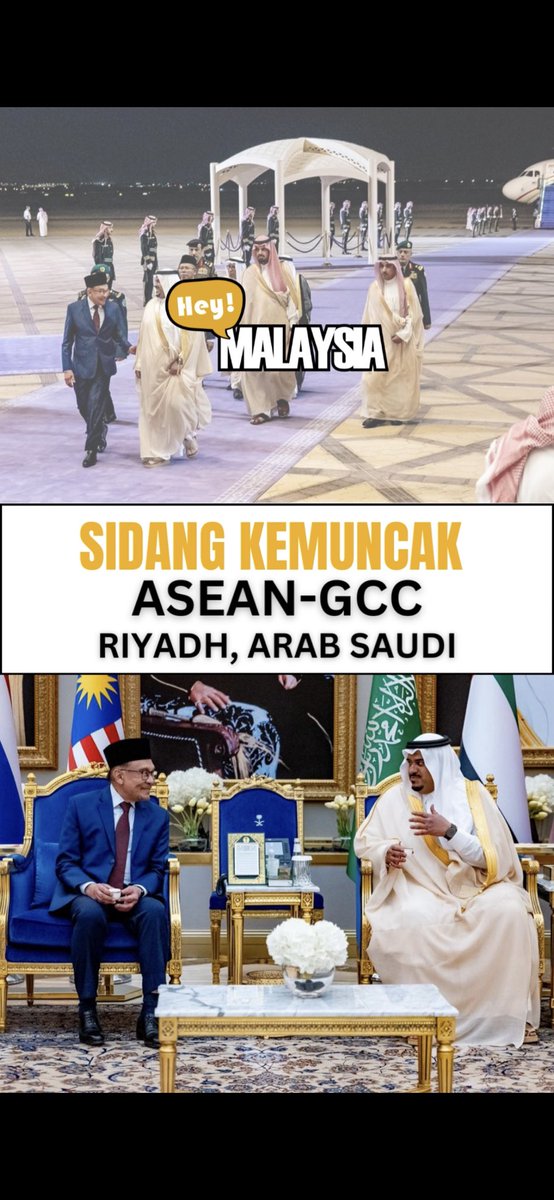 hey_malaysia's tweet photo. Lawatan rasmi Perdana Menteri ke Riyadh, Arab Saudi bertujuan untuk menghadiri Sidang Kemuncak ASEAN-Majlis Kerjasama Teluk (GCC) pada 19 hingga 21 Oktober lalu.
#fyp #pmx #arabsaudi #malaysia #aseangcc #asean #isusemasa #madani #ekonomi #investment https://t.co/nx2seRtzik