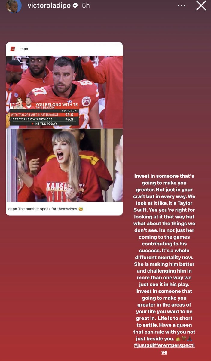 swifferupdates's tweet photo. 📱| American basketball player Victor Oladipo shares on Instagram that he thinks Taylor Swift makes Travis Kelce better. 

"She's making him better and challenging him in more than one way we just see it in his play...Have a queen that can rule with you, not beside you." https://t.co/EbpTSzcGqk