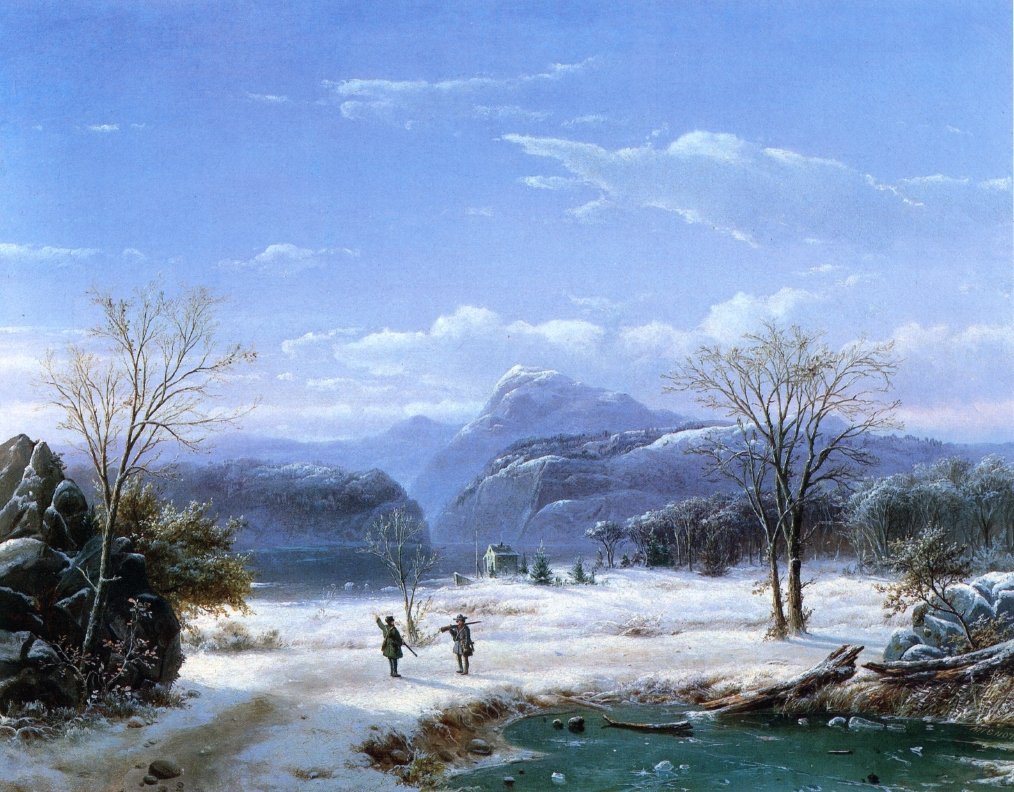 Louis Rémy Mignot, Hunters in a Winter Landscape (1856) #AmericanArt #HudsonRiverSchool #WinterIsComing