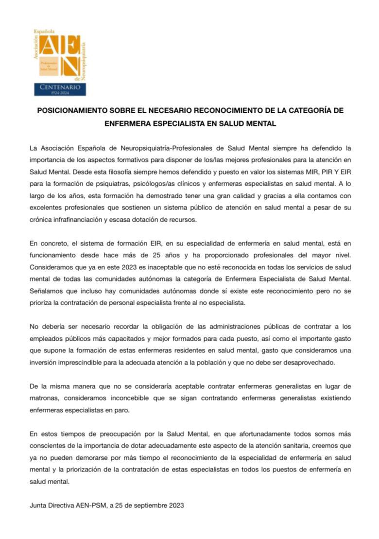 Posicionamiento de la AEN-PSM sobre el necesario reconocimiento de la categoría de enfermera especialista en Salud Mental.

aen.es/posicionamient…