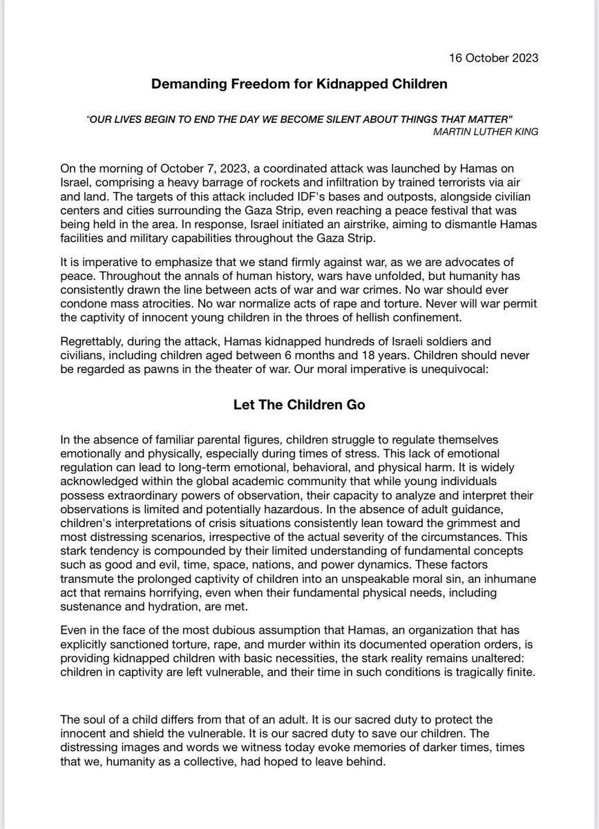 86 Nobel laureates have taken a stand, submitting a heartfelt petition addressed to the @UN Secretary-General, and, by extension, leaders of nations across the globe. This petition conveys a profound moral imperative: the immediate release of the kidnapped children in Gaza.