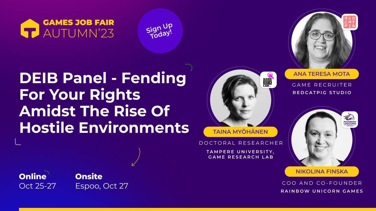 GF_talents's tweet photo. Our DEIB panel for #GamesJobFair Autumn 2023 will discuss the ways in which talents from marginalized backgrounds can protect their rights in hostile political environments in Europe.
Join #GamesJobFair for more 🎮
https://t.co/1DzdvvDah4
#gamedevelopment #gamedev https://t.co/cxGSaRPCH0