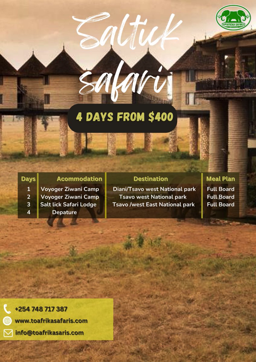 ToAfriKa1's tweet photo. Journey through Tsavo East and Tsavo West with ToAfrika Safaris where beautiful landscapes and untamed wildlife await.

For bookings: 
📲+254 – 748 717 387
📧info@toafrika.com

#saltlicksafari #tsavo #adventure #magicalkenya https://t.co/7ulgFXQ26U