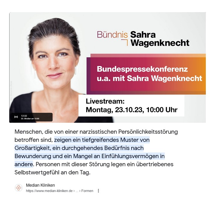 Heute wird wohl einer ihrer letzten öffentlichkeitswirksamen Auftritte sein. Das Problem ist, dass wir Narzissten so gerne zuschauen. Das macht ihr Tun so grausam erfolgreich. Am Ende bleibt nur ein bitterer Nachgeschmack. 
#Wagenknecht