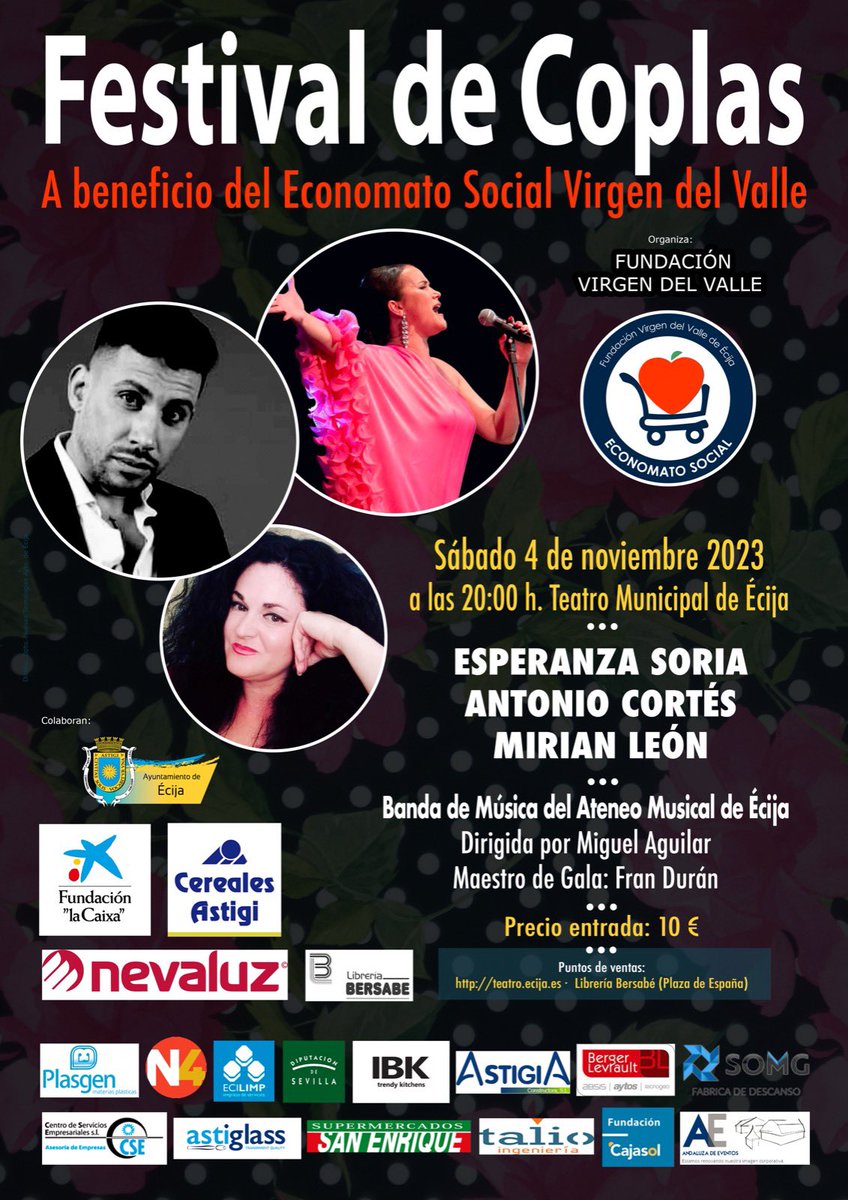 🎤 Entradas ya a la venta: Festival de Coplas. Sábado 4 de noviembre a las 20.00 h. en el Teatro Municipal de #Écija.
Entradas: teatro.ecija.es/programacion/